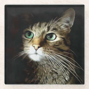 Posavasos De Vidrio Gato atigrado con ojos verdes aislado sobre negro