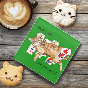Posavasos De Vidrio Gato atigrado naranja divertido jugando cartas de