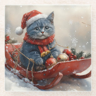 Posavasos De Vidrio Gato Azul Oriental en Trineo Deja que Nieve Navida