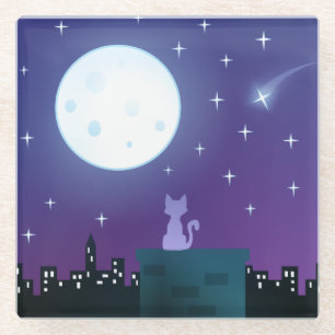 Posavasos De Vidrio Gato bajo la luz de la luna