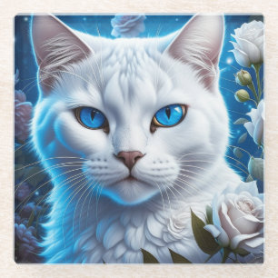 Posavasos De Vidrio Gato blanco con ojos azules brillantes florales