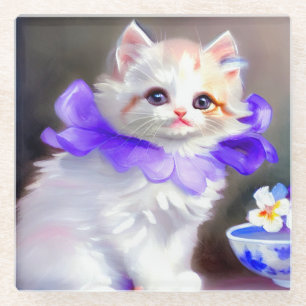 Posavasos De Vidrio Gato blanco con pintura de cuello de flores morada
