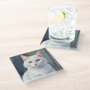 Posavasos De Vidrio Gato Blanco   Pintura de Mascota de Gato en Acuare