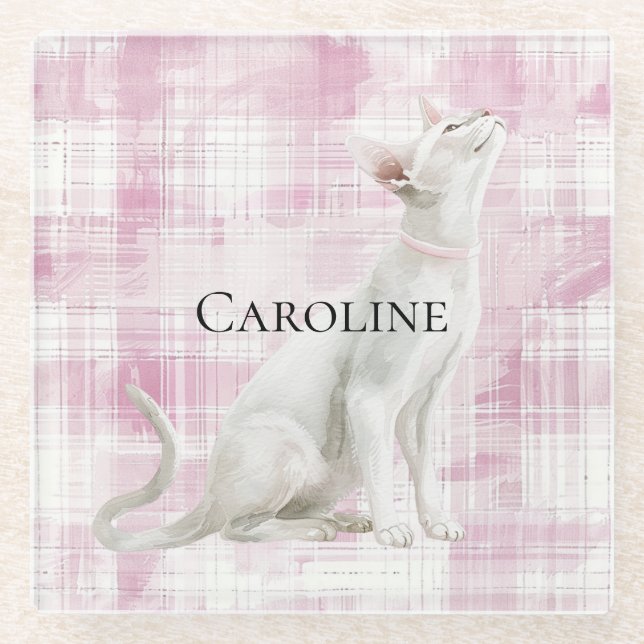 Posavasos De Vidrio Gato blanco rosado (Anverso)