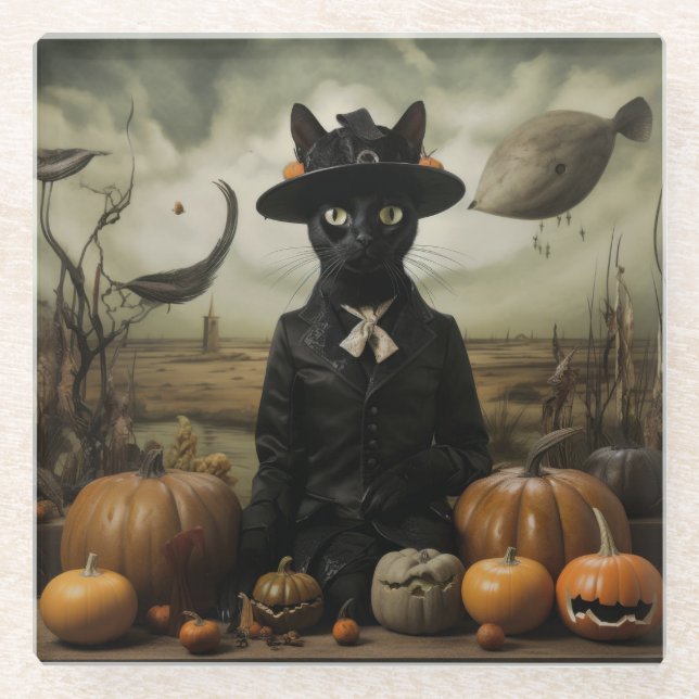 Posavasos De Vidrio Gato Bruja con Calabazas  (Anverso)