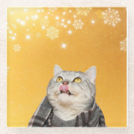 Posavasos De Vidrio Gato capturando copos de nieve montaña de vidrio d