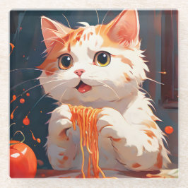 Posavasos De Vidrio Gato comiendo espagueti