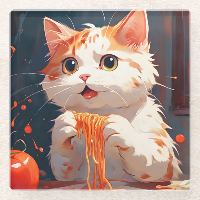 Posavasos De Vidrio Gato comiendo espagueti (Anverso)
