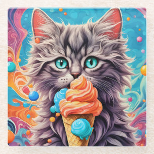 Posavasos De Vidrio Gato comiendo helado crema de hielo cone divertido