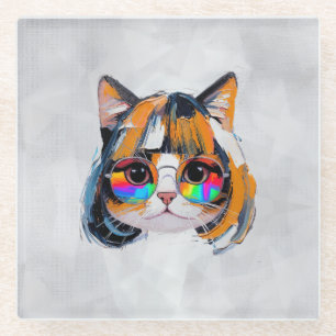 Posavasos De Vidrio Gato con peluca y gafas de sol (Cuadro #2)