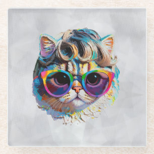 Posavasos De Vidrio Gato con peluca y gafas de sol (Pintura #4)