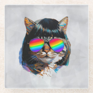 Posavasos De Vidrio Gato con peluca y gafas de sol (Pintura #5)