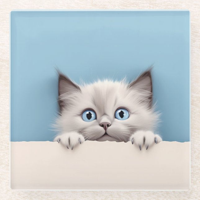 Posavasos De Vidrio Gato Cute Kitten Peeking Ragdoll (Anverso)