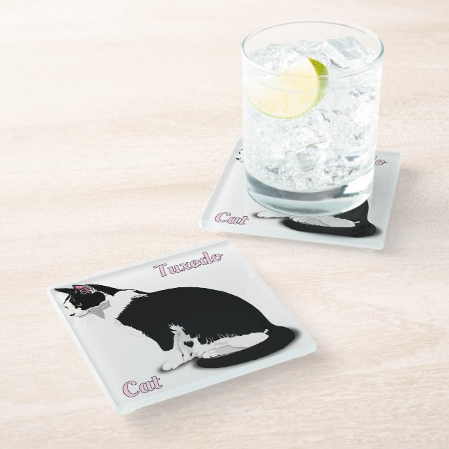 Posavasos De Vidrio Gato de esmoquín negro y blanco personalizado (Angular)