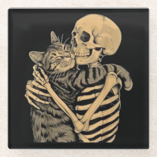 Posavasos De Vidrio Gato de esqueleto abrazando - Gato gótico lindo re