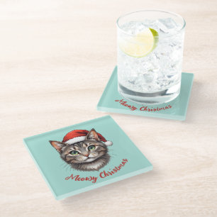Posavasos De Vidrio Gato de Navidad Lindo Personalizado con Sombrero d