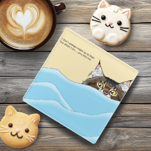 Posavasos De Vidrio Gato de Tabby Peeking Blue Funny