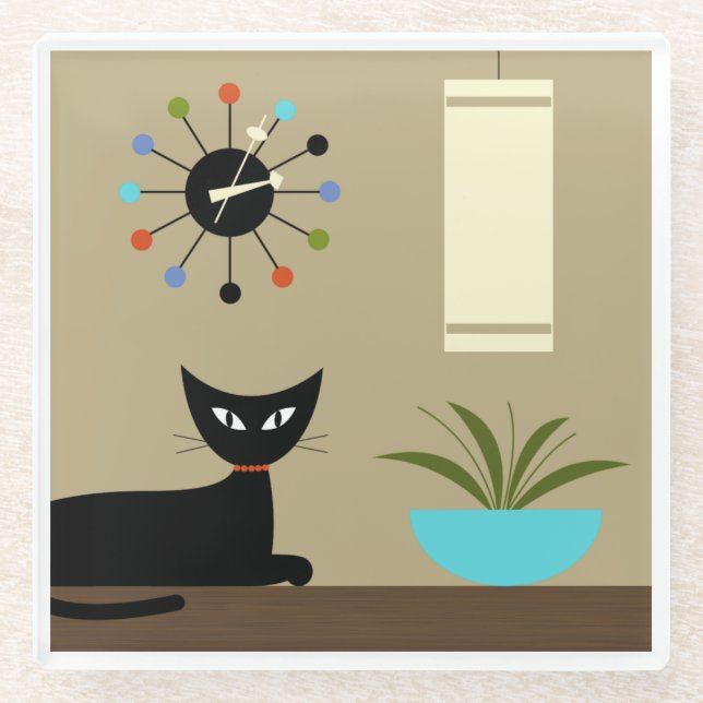 Posavasos De Vidrio Gato de tabletop de mediados del siglo con reloj d (Anverso)