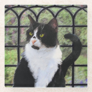 Posavasos De Vidrio Gato de Tuxedo en la ventana Pintura de arte anima