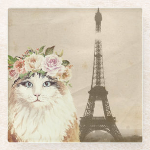Posavasos De Vidrio Gato elegante y Torre Eiffel