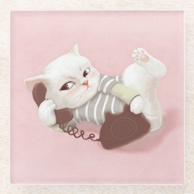 Posavasos De Vidrio Gato en el teléfono (Anverso)