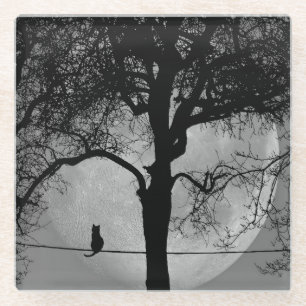 Posavasos De Vidrio Gato en una luna llena de cable