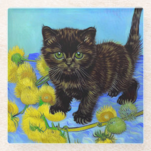 Posavasos De Vidrio Gato estilo Van Gogh con girasoles