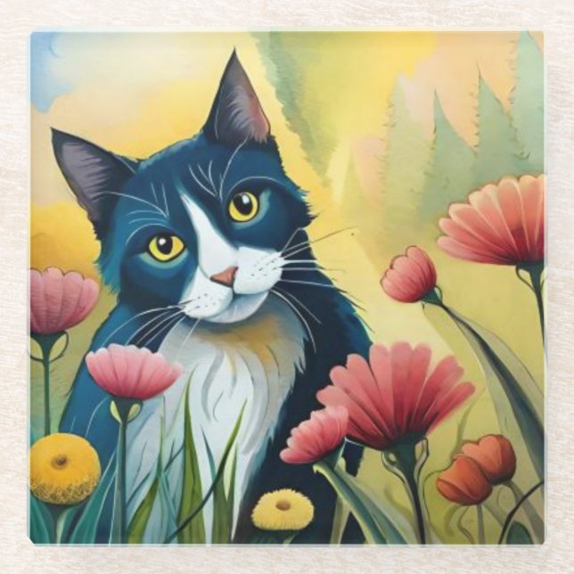 Posavasos De Vidrio gato FLoral (Anverso)