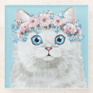 Posavasos De Vidrio Gato floral blanco dulce