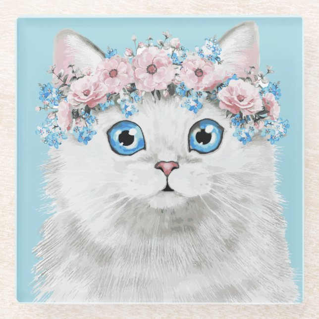 Posavasos De Vidrio Gato floral blanco dulce (Anverso)