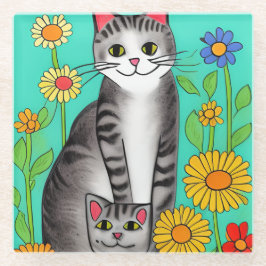 Posavasos De Vidrio Gato gris y gatito de arte folclórico caprichoso