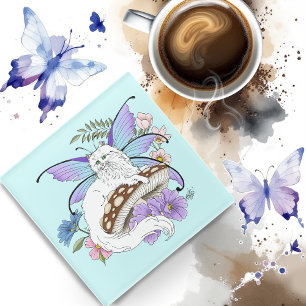 Posavasos De Vidrio Gato Hada Caprichoso Blanco Hongo Azul Fantasía