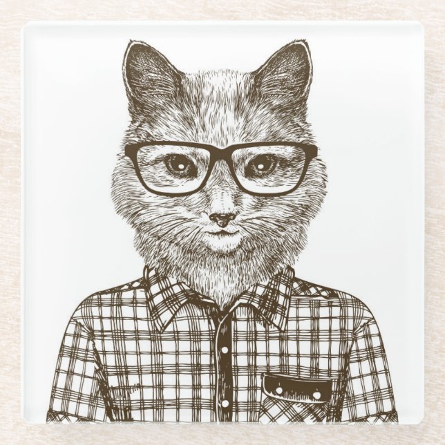 Posavasos De Vidrio Gato Hipster (Anverso)