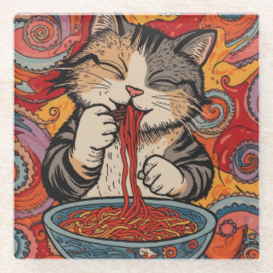 Posavasos De Vidrio gato kawaii comiendo fideos