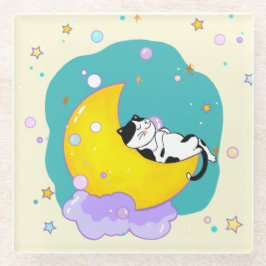 Posavasos De Vidrio Gato Kitty De Tuxedo Tonto Durmiendo En La Luna
