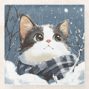 Posavasos De Vidrio Gato lindo acogedor nieve de invierno