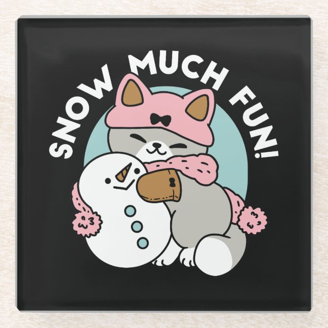 Posavasos De Vidrio Gato lindo en arte de nieve con muñeco de nieve (Anverso)