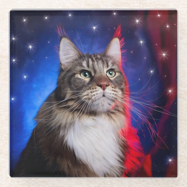 Posavasos De Vidrio Gato Maine Coon Con Aura Azul Blanco Rojo Y Estrel (Anverso)