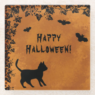 Posavasos De Vidrio Gato negro con murciélago, Feliz Halloween