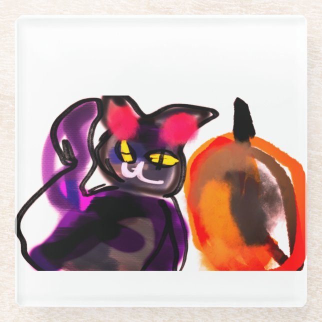 Posavasos De Vidrio Gato negro de alegría de calabaza (Anverso)
