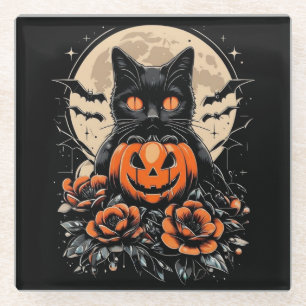Posavasos De Vidrio Gato negro de Halloween, luna y calabaza