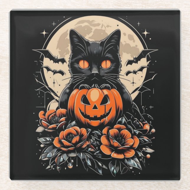 Posavasos De Vidrio Gato negro de Halloween, luna y calabaza (Anverso)