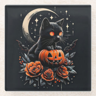 Posavasos De Vidrio Gato negro de Halloween, luna y calabaza
