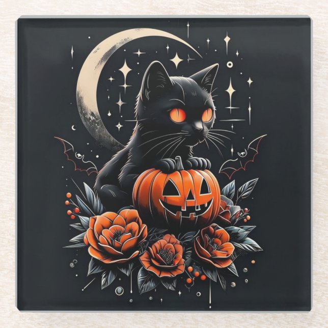 Posavasos De Vidrio Gato negro de Halloween, luna y calabaza (Anverso)
