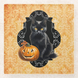 Posavasos De Vidrio Gato negro dulce de Halloween y calabaza