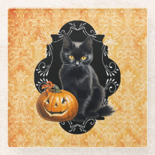 Posavasos De Vidrio Gato negro dulce de Halloween y calabaza