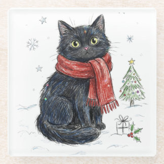 Posavasos De Vidrio Gato negro lindo con bufanda roja Navidad árbol in