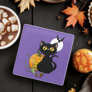 Posavasos De Vidrio Gato negro lindo púrpura espeluznante de Halloween