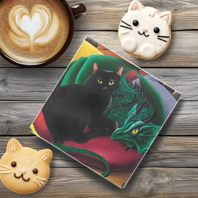 Posavasos De Vidrio Gato negro místico Dragón verde esmeralda Fantasía (Subido por el creador)