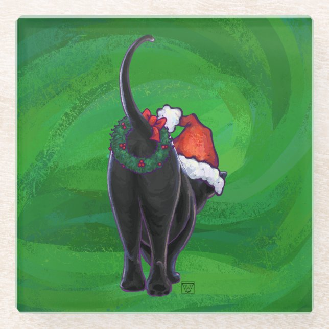 Posavasos De Vidrio Gato negro navidad en verde (Anverso)